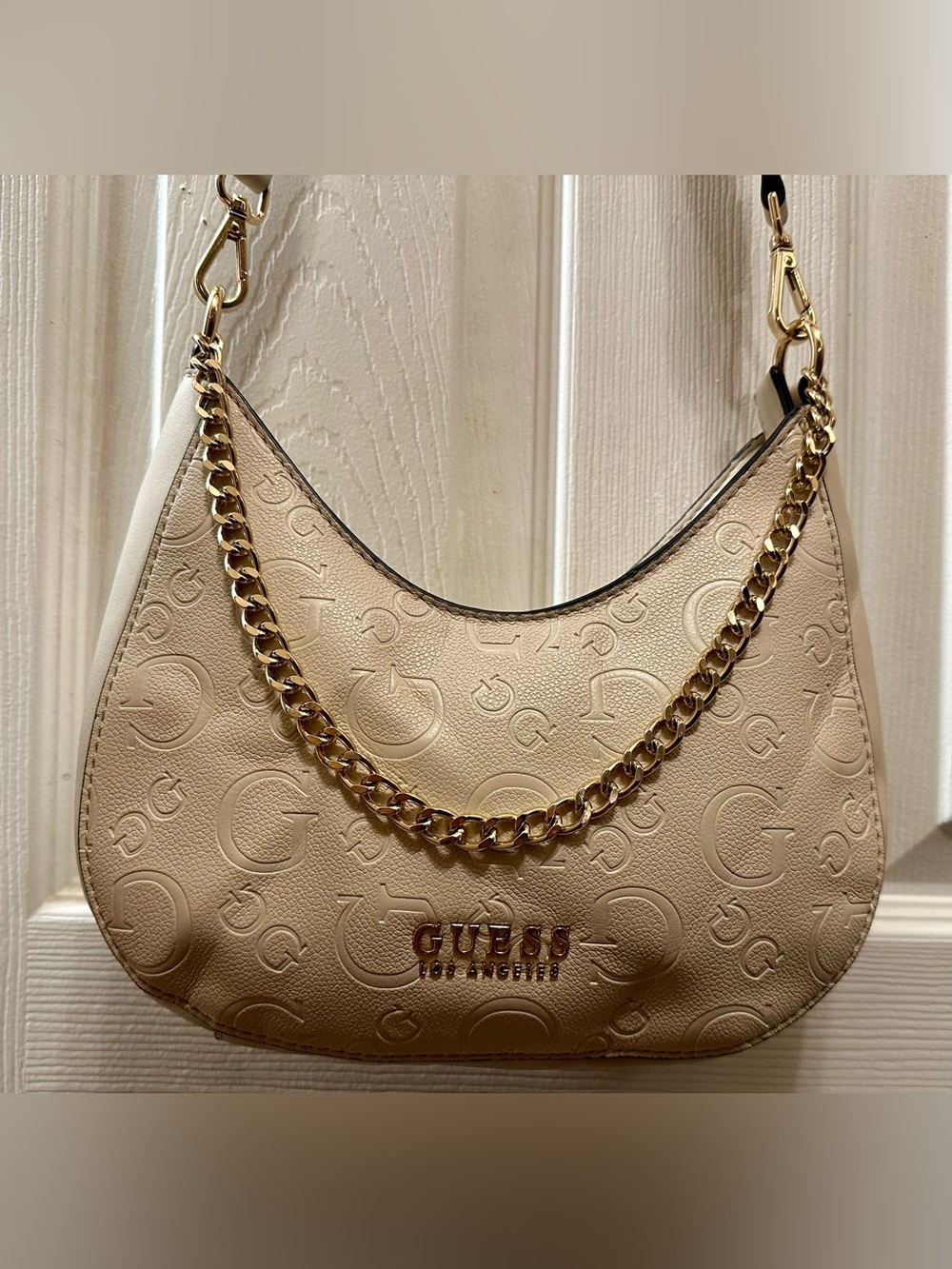 GUESS Cream Embossed Shoulder Bag with Gold Chain Accent